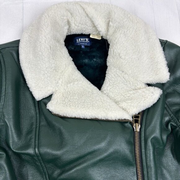 Levi’s Women’s Green Vegan Leather Sherpa Crop Moto Jacket Size Large. - Picture 12 of 16